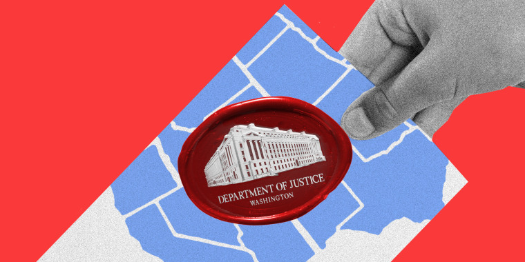 Photo illustration: A hand holding a ballot that has the state map of the United States and a red wax seal of the Department of Justice.