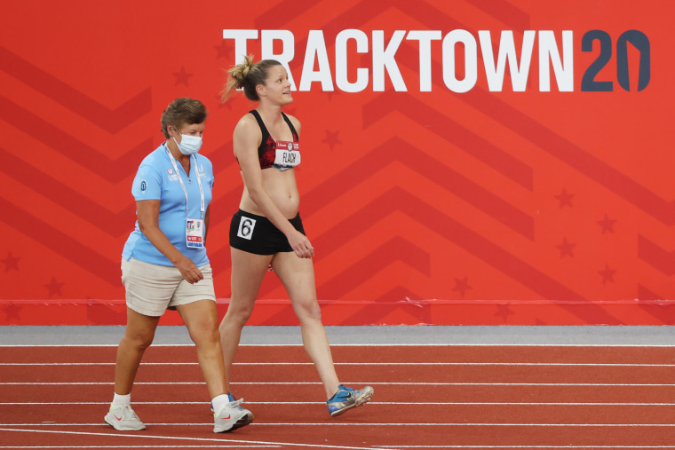 Lindsay Flach walks from the track after dropping out of the Women's Heptathlon 800 Meters during day ten of the 2020 U.S. Olympic Track and Field Team Trials on June 27, 2021, in Eugene, Ore.