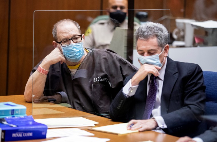 Image: Harvey Weinstein, who was extradited from New York to Los Angeles to face sex-related charges, listens beside his attorney Mark Werksman in court during a pre-trial hearing, in Los Angeles on July 29, 2021.
