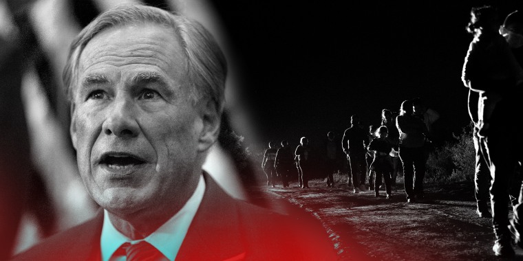 Photo illustration: Images of Greg Abbott and of immigrants seeking asylum walking to the border patrol processing facility in Roma, Texas.