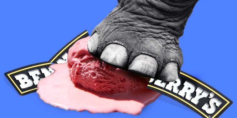 Photo illustration: A elephant foot stepping over a scoop of ice creams with broken pieces of the Ben & Jerry's logo.