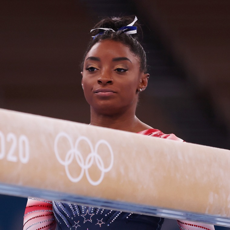 Simone Biles ahead of her final Olympic event in Tokyo, the balance beam, on Tuesday.