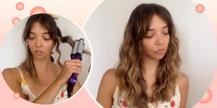 Illustration of Writer Cailey Rizzo using a beach waver tool and showing off her hair after