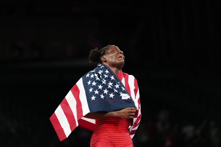 Wrestler Tamyra Mensah-Stock celebrates winning gold medal at Tokyo Olympics