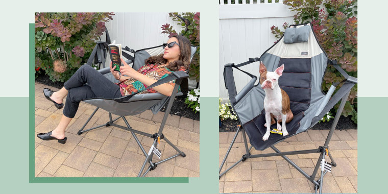 Illustrated GIF of Jillian Ortiz swinging on a Hammock chair from Amazon and a dog sitting on the chair
