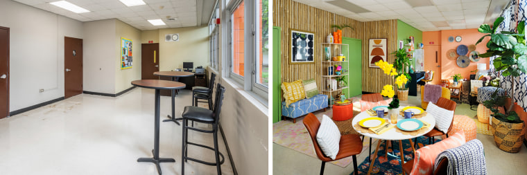 Before and after of the teacher's lounge at Benjamin Franklin K-8 Center. 