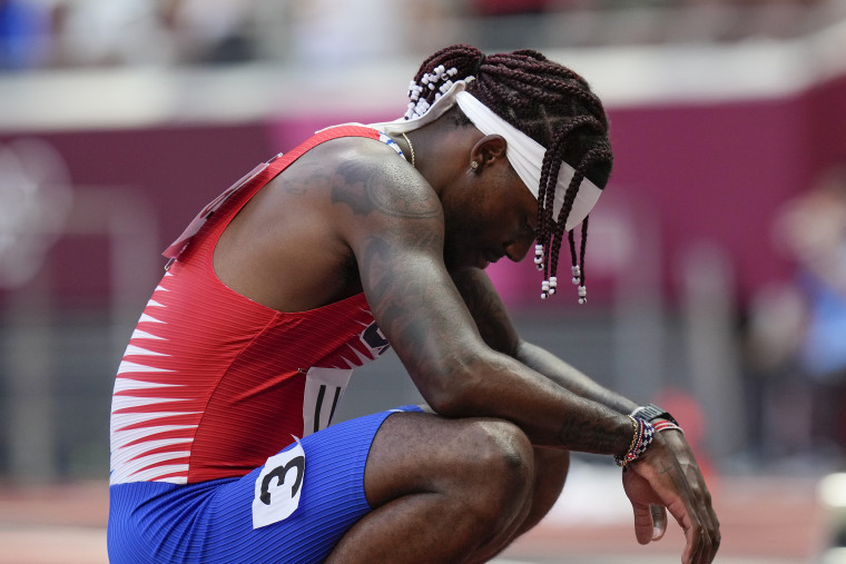 Sprinter Cravon Gillepie reacts after Team USA failed to qualify for the men's 4x100 relay final in Tokyo despite being the reigning world champions. 