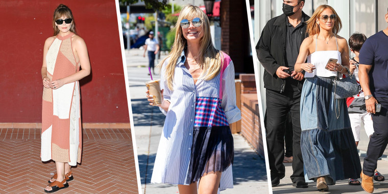 Elizabeth Olsen, Heidi Klum and Jennifer Lopez all wearing a patchwork fashion trend