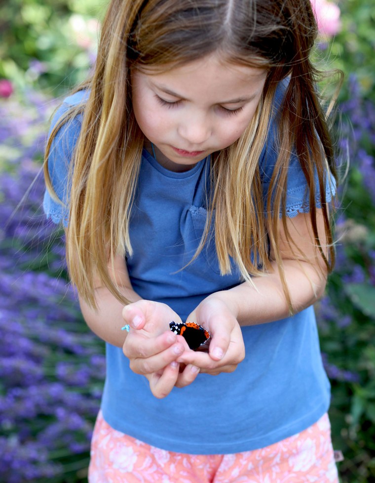 Princess Charlotte holding a red admiral butterfly.
