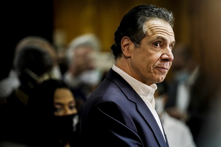 New York Governor Andrew Cuomo speaks before getting vaccinated at the mass vaccination site at Mount Neboh Baptist Church in Harlem on March 17, 2021 in New York.