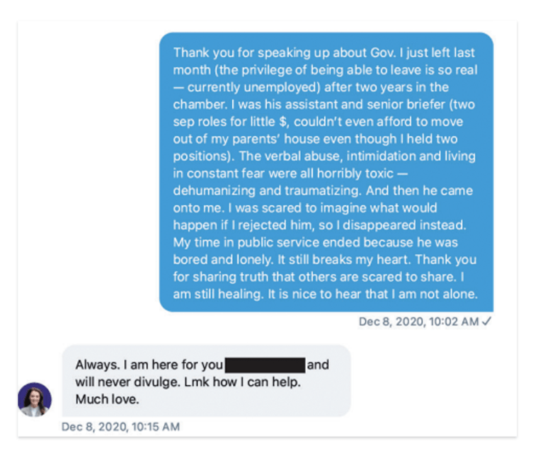 Image: Charlotte Bennett's direct messages with fellow Cuomo accuser Lindsey Boylan on Twitter in December 2020. The text was redacted by the AG's office.