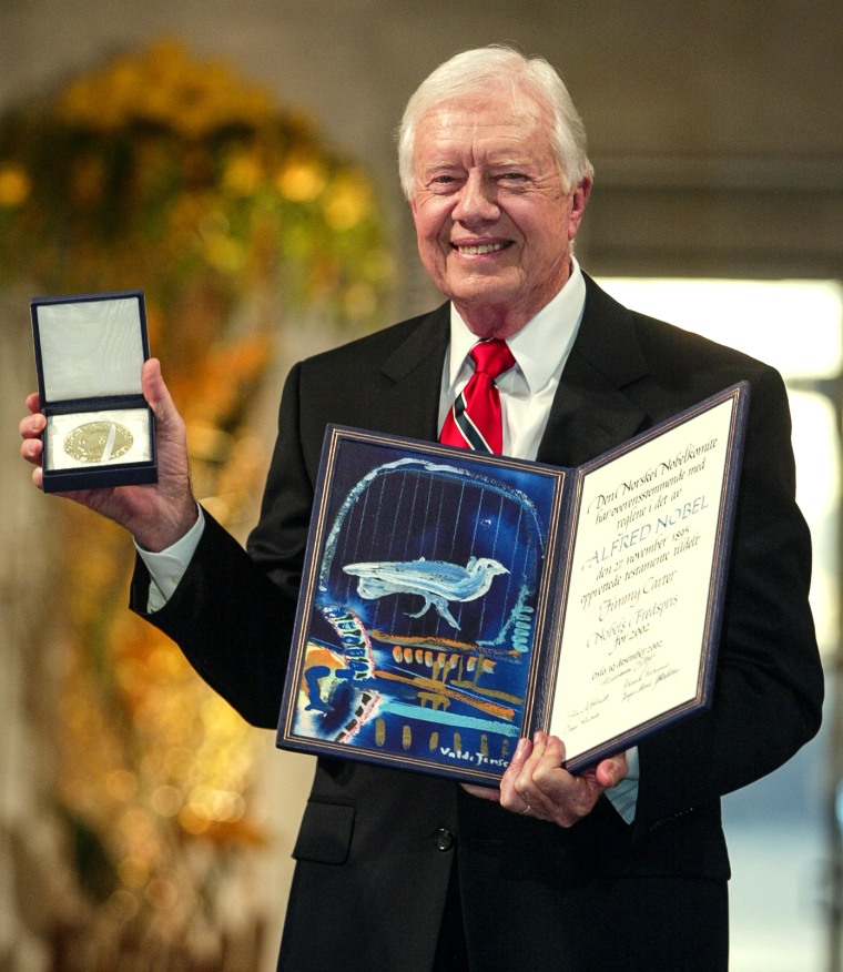 Former President Jimmy Carter receives the 2002 Nobel Peace Prize in Oslo City Hall, Norway on Dec. 10, 2002.