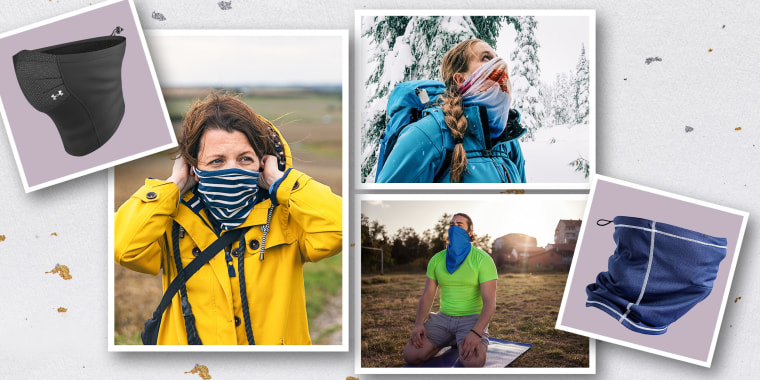 Illustration of a three different people wearing different styles and colors of neck gaiter, and two neck gaiters. While neck gaiters are not the most effective face coverings, experts say gaiters can be used in a pinch in outdoor settings. Shop neck gait