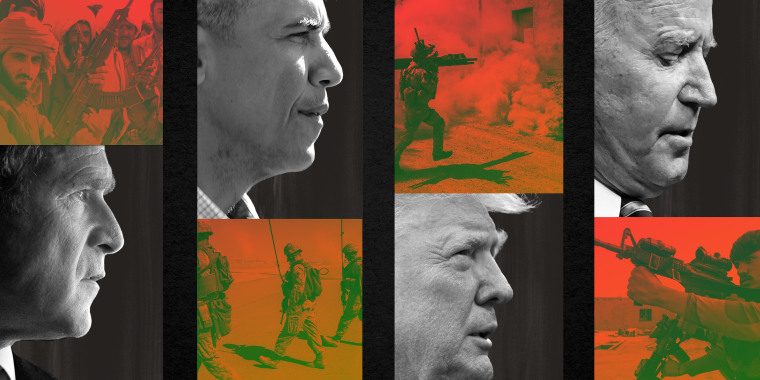 Photo collage: Images of Taliban soldiers, George W Bush, Barack Obama, soldiers in Afghanistan, Donald Trump, Joe Biden and a member of Afghan Armed Forces.