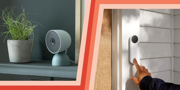 Illustration of a hand ringing the new Google Nest Doorbell on someones door frame and the new Google Nest Camera in a living room