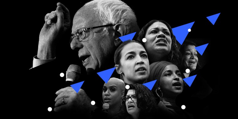 Photo illustration: Bernie Sanders, Ayanna Pressley, Rashida Tlaib, Alexandria Ocasio Cortez, Cori Bush and Ilhan Omar.