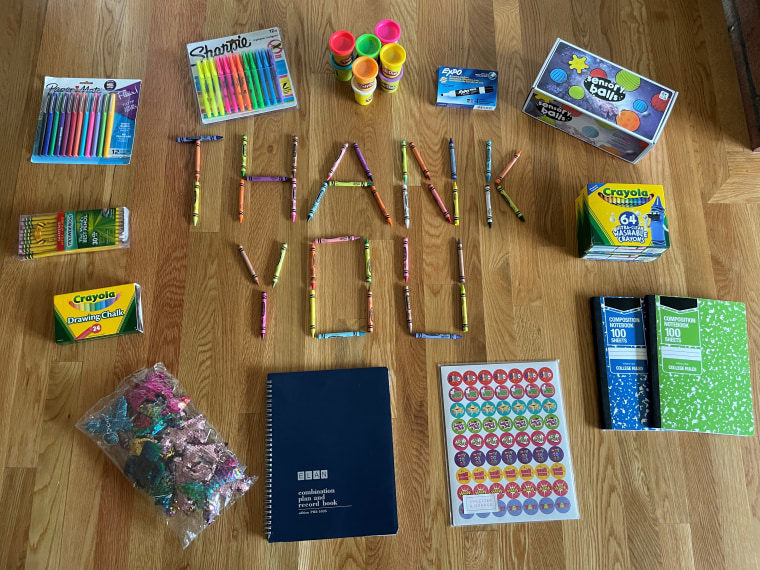 Erin took a picture of the supplies in her surprise box and found a creative way to say "thank you" with crayons!