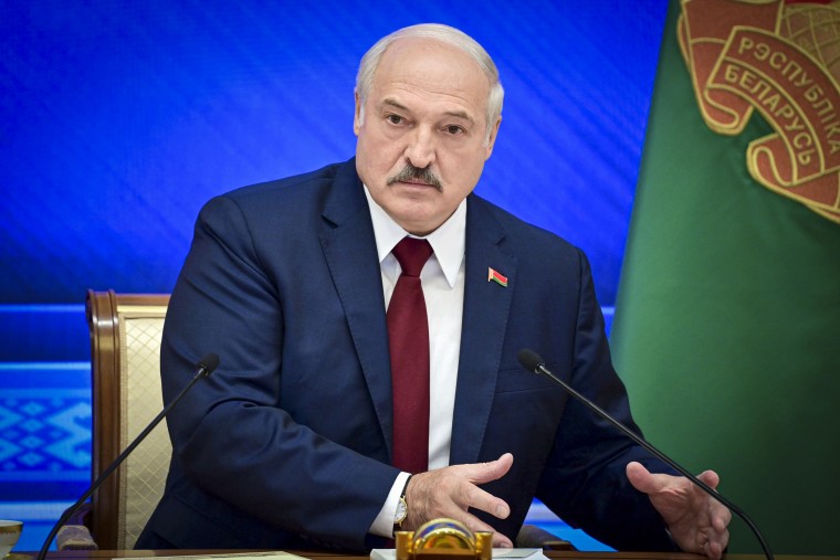 Image: Belarusian President Alexander Lukashenko speaks during an annual press conference in Minsk, Belarus, on Aug. 9, 2021.