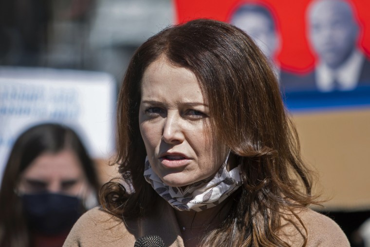 Lindsey Boylan, a former state economic development adviser for Gov. Andrew Cuomo, speaks at a rally calling for his impeachment at Washington Square Park in New York, on March 20, 2021.