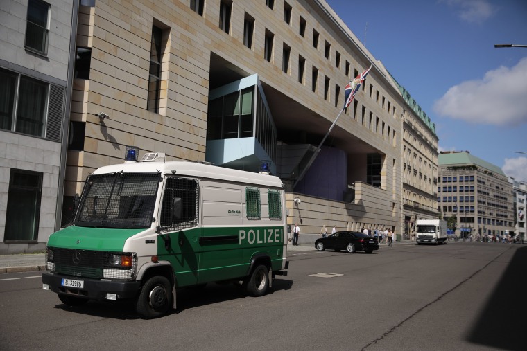 Image: A police vehicle outside the British Embassy on Aug.11, 2021 in Berlin, Germany.