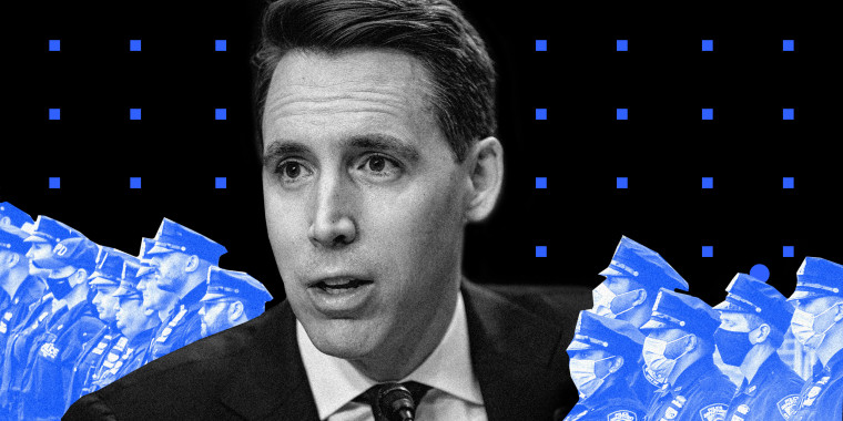 Photo illustration: Josh Hawley against a line of police officers and a grid of small blue squares in the background.