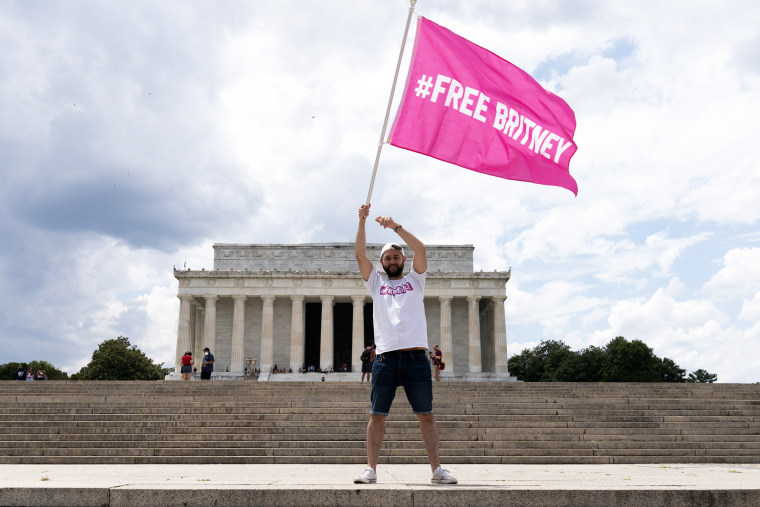 A supporter of Britney Spears protests her conservatorship at the Lincoln Memorial on July 14, 2021.