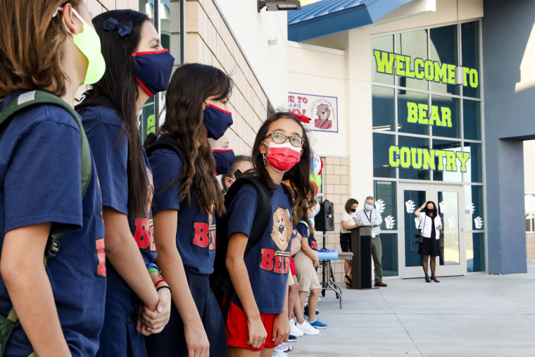 A line of student ambassadors during the ribbon cutting ceremony at the new Hannah Marie Brown Elementary School in Henderson, Nev., on August 9, 2021.