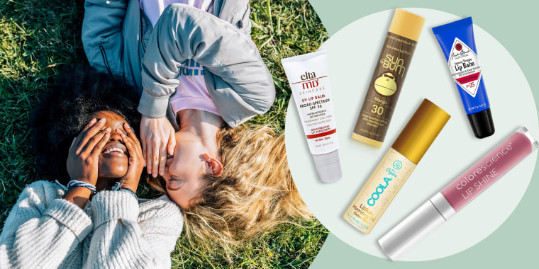Illustration of 5 best SPF lip balms and two friends laying out in the sun