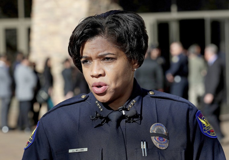 Image: Phoenix Police Chief Jeri Williams speaks prior to the funeral of Phoenix Police Officer Paul T. Rutherford outside Christ's Church of the Valley in Peoria, Ariz., on March 28, 2019.