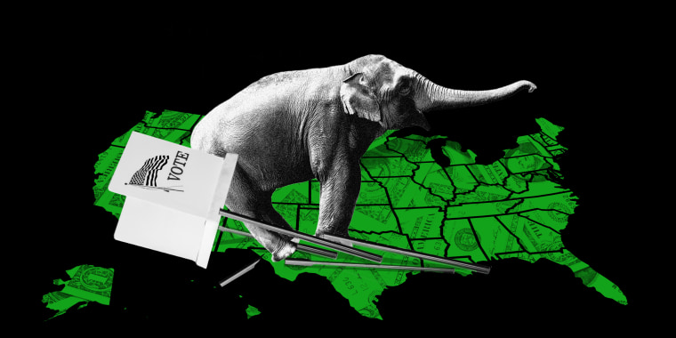 Photo illustration: An elephant stands over a broken voting booth on top of the U.S state map which has dollar bills in them.