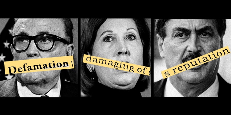 Photo illustration: Images of Rudy Giuliani, Sidney Powell and Mike Lindell with yellow strips over them that read,\"Defamation\", \"damaging of\" and \"reputation\".