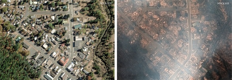 Image: Satellite images show Greenville, Calif. on Oct. 31, 2018, left, and during the Dixie fire on Aug. 9, 2021.