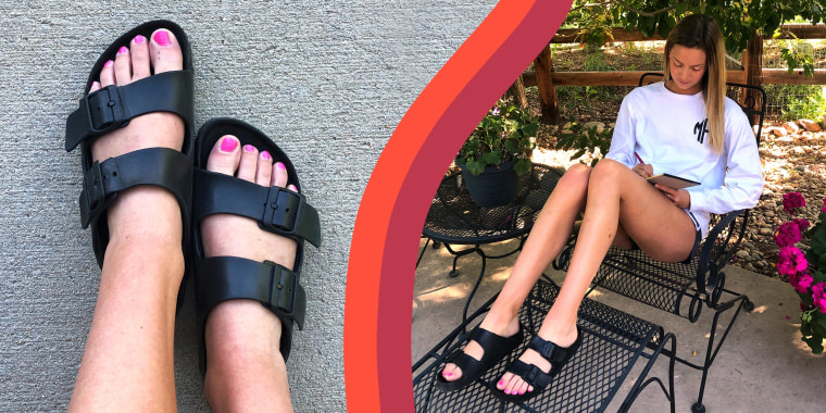 Two images of Writer Megan Foster wearing black Birkenstock Arizona EVA Sandals