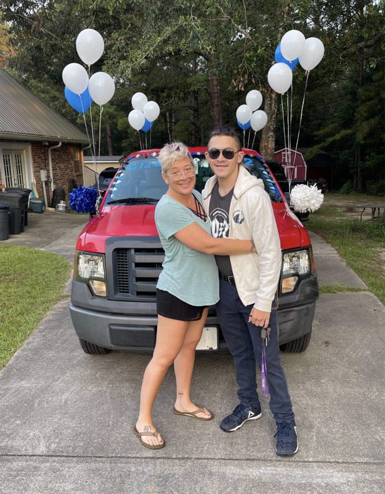 Joshua Brand posed with his mom, Joy Brand, on the first day of school. 