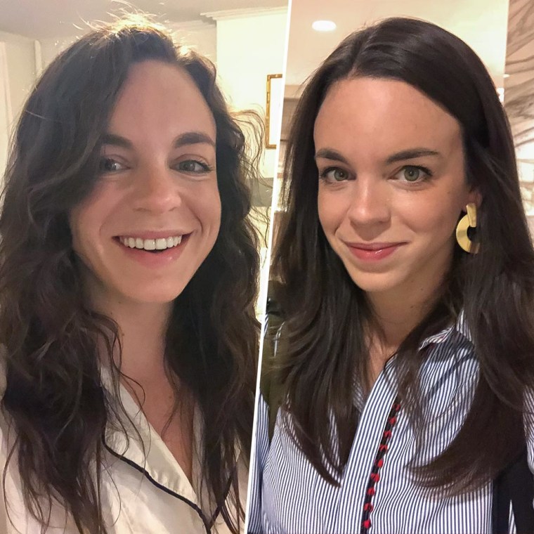 Before and after images of Writer Jennifer Birkhofer after using the travel Conair Styler