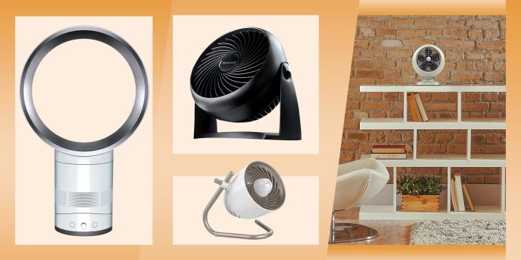 Illustration of three types of desk fans and a desk fan sitting in someones living room