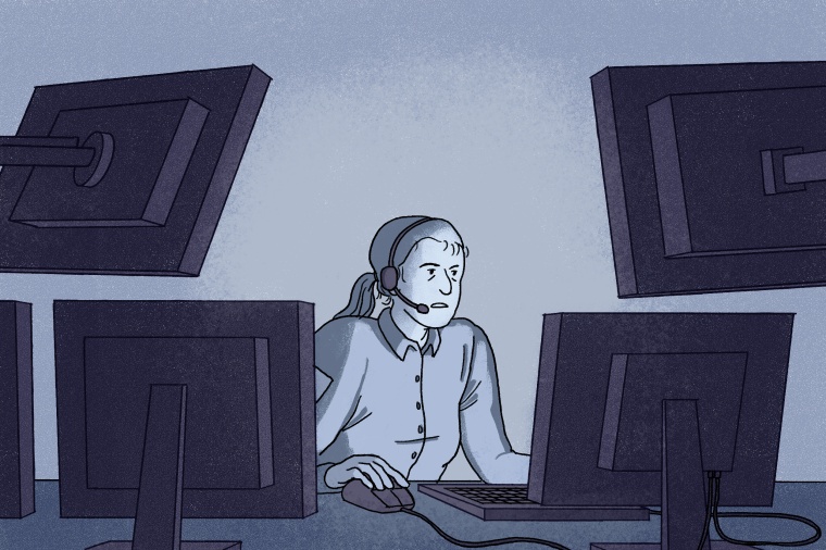 Illustration of an emergency services operator sitting at computers with a headset on.