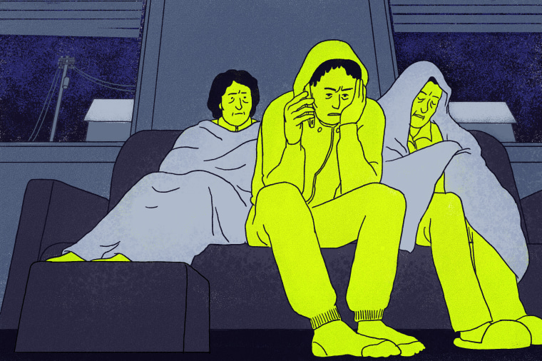 Illustration of Michael Negussie on the phone while his parents sit next to him covered in blankets.