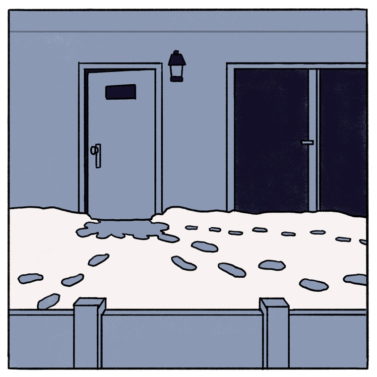 Illustration of footsteps in the snow leading to a door left ajar.