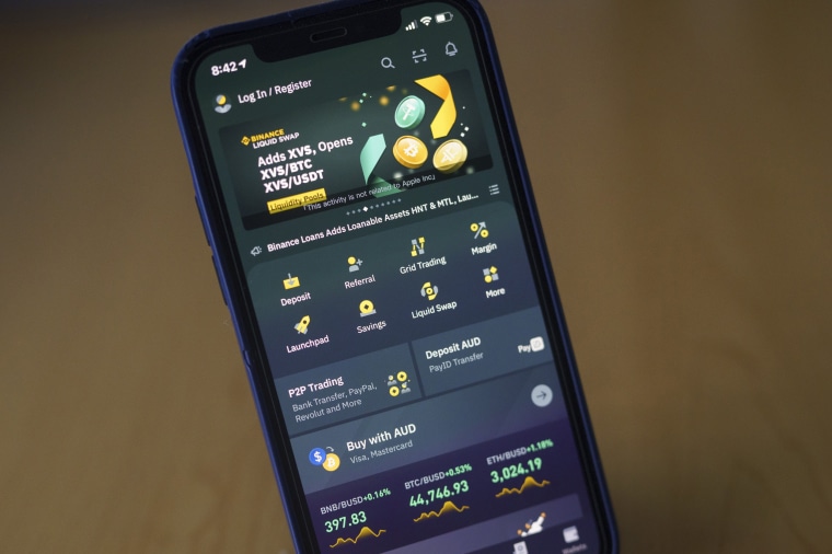Image: The Binance cryptocurrency trading app on an Apple iPhone.