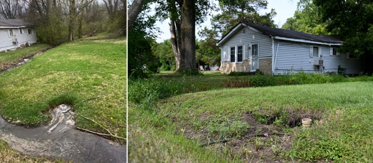 Dry weather sanitary sewer overflow, left, at North 82nd Street in Centreville, Ill., on March 30, 2021.