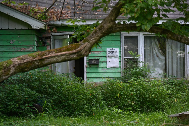 An abandoned home condemned because of water damage in Cahokia Heights.