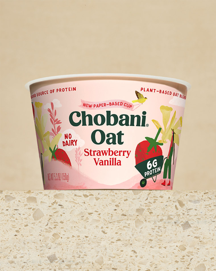 Up first, the paper cups will be available in Chobani's single-serve Oat Blend yogurts.