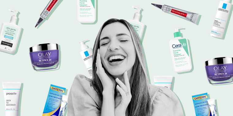 Illustration of Laughing woman touching cheek with eyes closed and skin care beauty products behind her