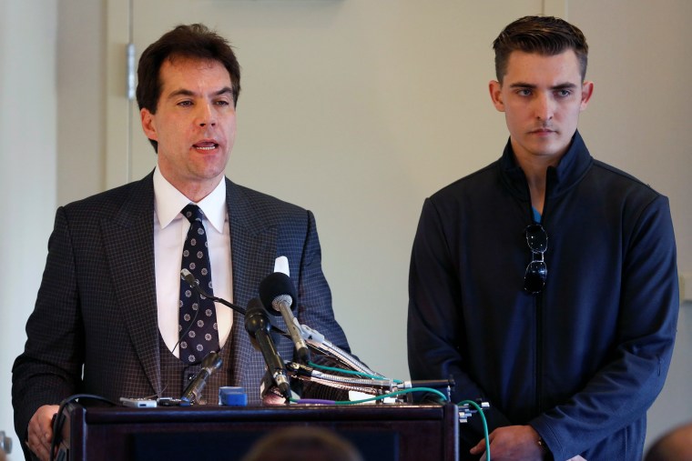 Jack Burkman, a lawyer and Republican operative, and Jacob Wohl, speak during a news conference to address their allegations against Special Counsel Robert Mueller in Arlington, Virginia