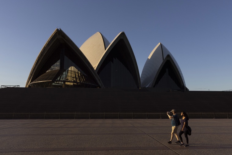 Image: A near empty Sydney Opera House forecourt
