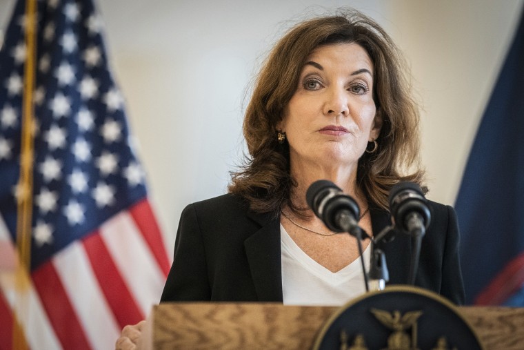 Image: Lt. Gov. Kathy Hochul speaks to the media during a news conference at PS143, the Louis Armstrong School on Aug. 18, 2021 in New York.