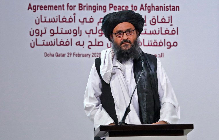 Image: Taliban co-founder Mullah Abdul Ghani Baradar speaks at a signing ceremony of the U.S.-Taliban agreement in Qatar's capital Doha.
