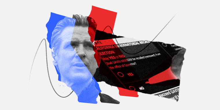 Photo illustration: Image of Gavin Newsom inside a blue map of California next to a red map of California and a hand writing on a piece of ballot that reads,\"California Gubernatorial Recall Election\".