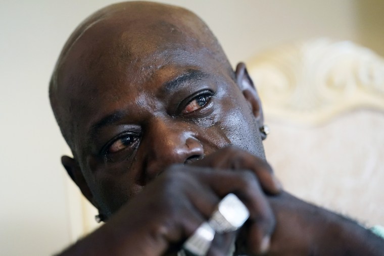 Aaron Larry Bowman cries during an interview at his attorney's office in Monroe, La., on Aug. 5, 2021, as he discusses his injuries resulting from a Louisiana State trooper pummeling him with a flashlight during a traffic stop in 2019.